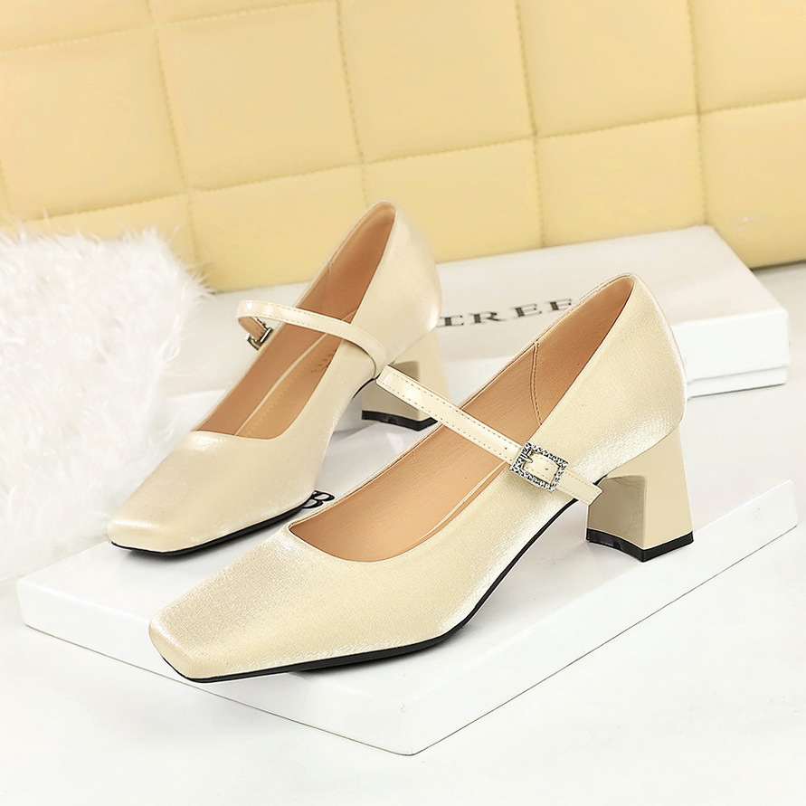 6295 French Style Small Fragrance Square Toe Rhinestone Strap Satin Women's Chunky Mid Heel Shallow Mouth Comfortable_vogvips.com