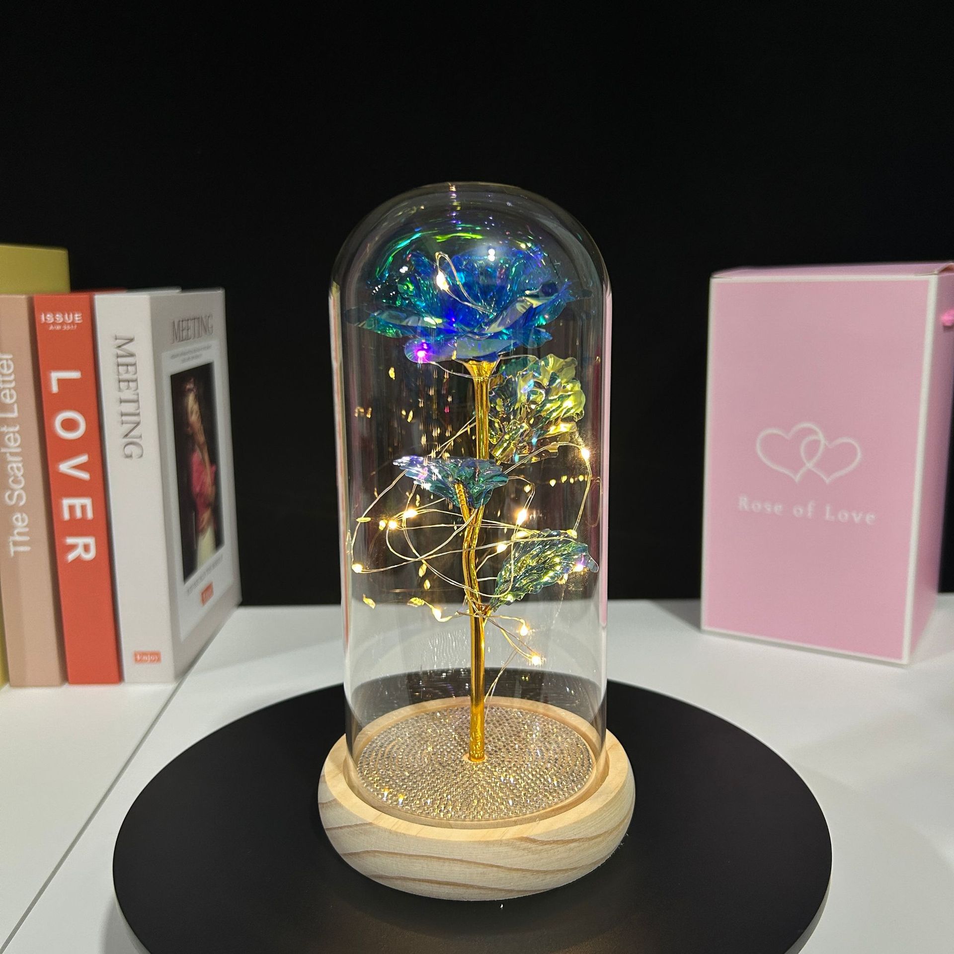 Adorno de cúpula de cristal con flor preservada, rosa seca en caja de regalo, regalo creativo para el Día de San Valentín, Navidad, para novia