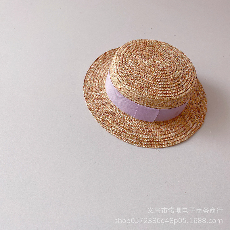 Sombrero de paja de trigo plano para niños, estilo coreano, para playa, ala ancha, protección solar, moda