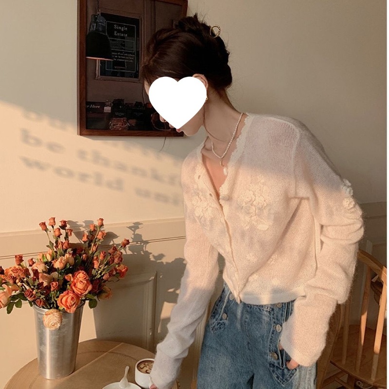 白色马海毛立体钩花针织开衫女春秋减龄2023百搭软毛衣薄款冰丝|undefined