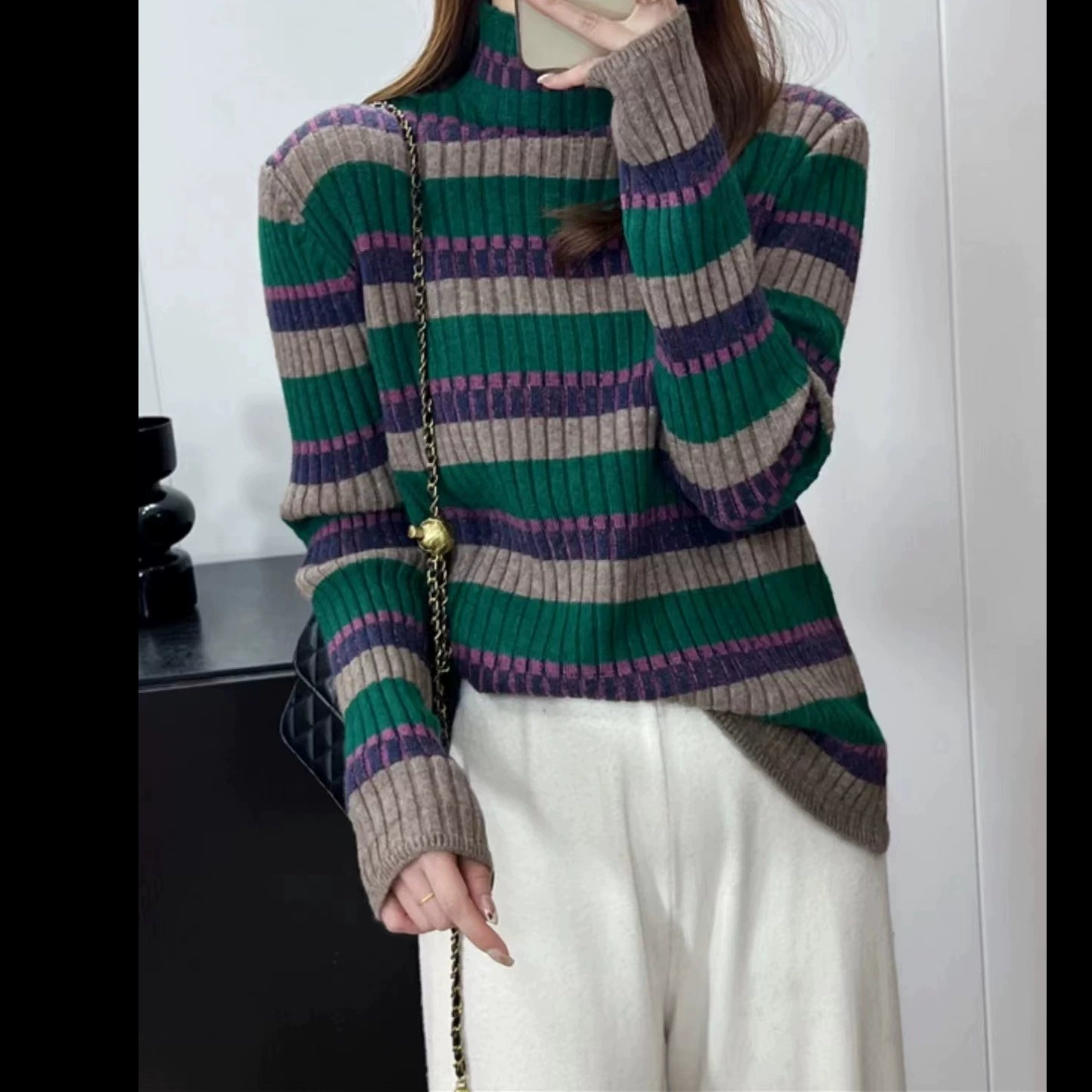 Градиент радуги осень и зима новый зеленый полосатый длинный рукав