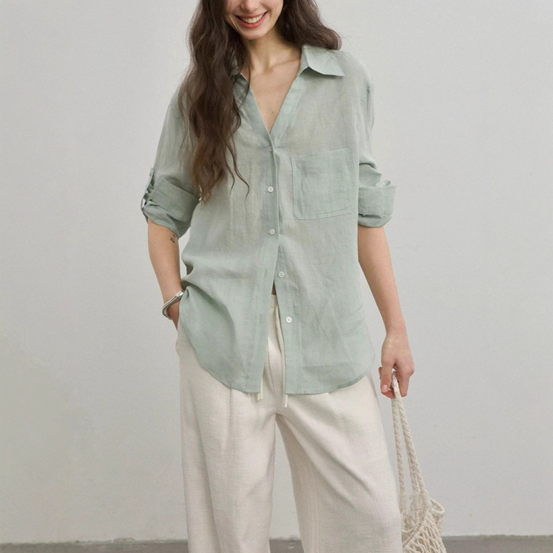 Relaxed and Casual, Comfortable V Neck 100 Ramie Shirt for Women, Loose and Simple Sun Protection Long-Sleeved Shirt