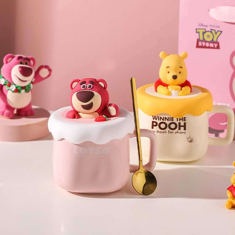 Juego de Tazas de Cerámica de Lotso de Disney, Caja de Regalo, Recuerdo, Taza de Alta Calidad con Tapa, Taza para Parejas