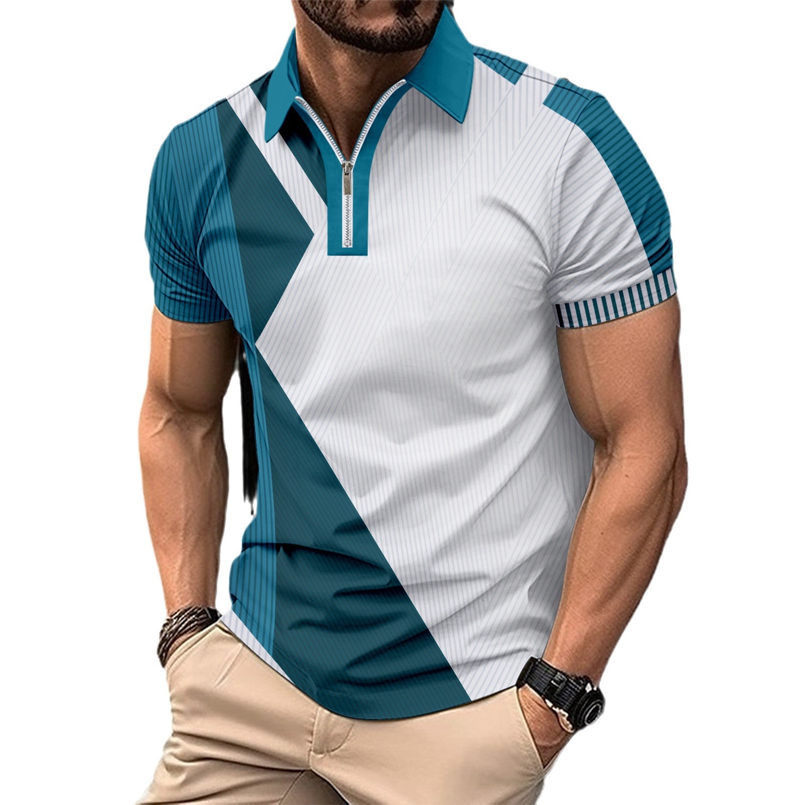 2024 Summer New Men's Casual Short sleeved Flip Collar Zipper POLO Shirt_voghion.com