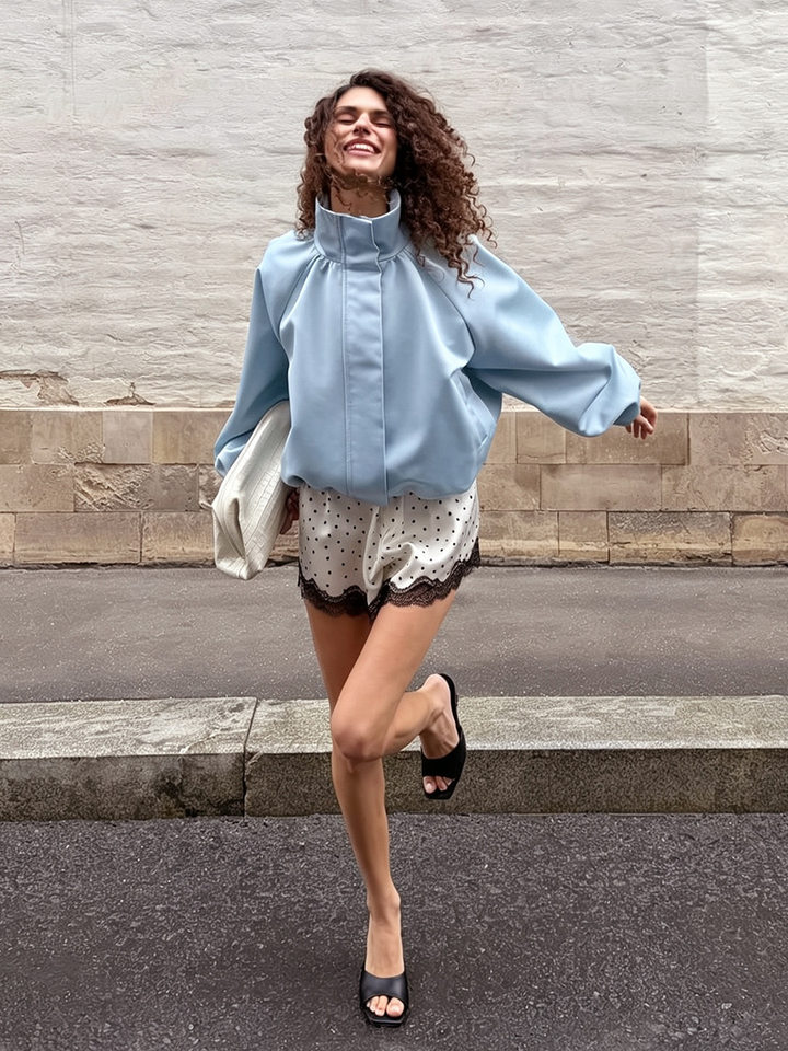 Áo khoác jacket satin cổ đứng tay hoa tulip dáng rộng — Màu hồng, Màu xanh dương, màu đỏ chi tiết 13