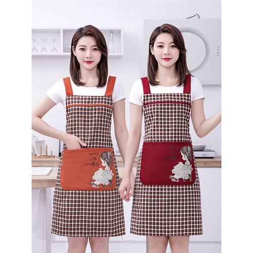 Korean style women's fashionable spun cotton apron for home kitchen cooking New style plaid breathable strap waist