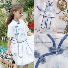 2023 New Chinese Style Girls' and Young Women's Blue and White Porcelain Set Children's Chiffon Hanfu Top + Chiffon Skirt