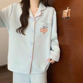 现货夹层秋冬新款睡衣女士卡通可爱开衫翻领家居服两件套装可外穿