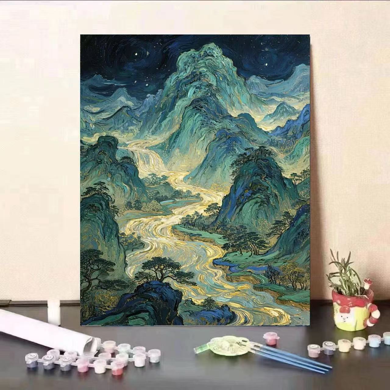 数字油画风景古风山水diy手工填色解压高颜值客厅装饰画