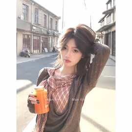 ZM825潮流韩系拼接系带格纹荡领假两件t恤女早秋褶皱设计打