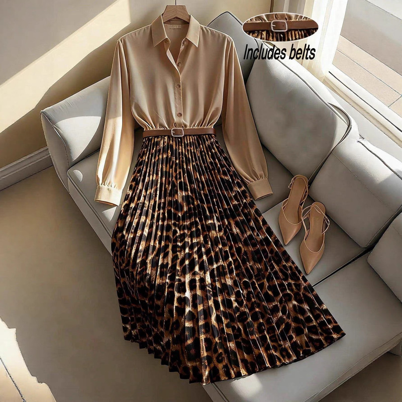 In-Stock 2026 New Cross-Border Dropshipping Women's Elegant Leopard Print Patchwork Pleated Skirt H Version Waist-Slimming Dress