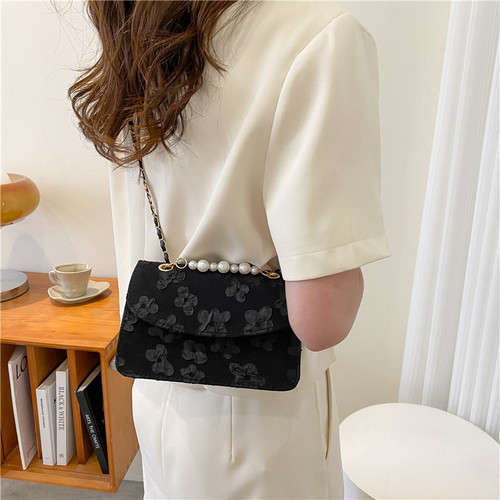 Summer new women's bag trendy fashion pearl handbag silk printed small square bag chain shoulder crossbody bag