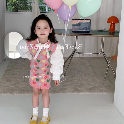 Girls' Set 2024 Spring New Arrival Korean Style Children's Bubble Sleeve Butterfly Knot Shirt Love Knit Princess Dress