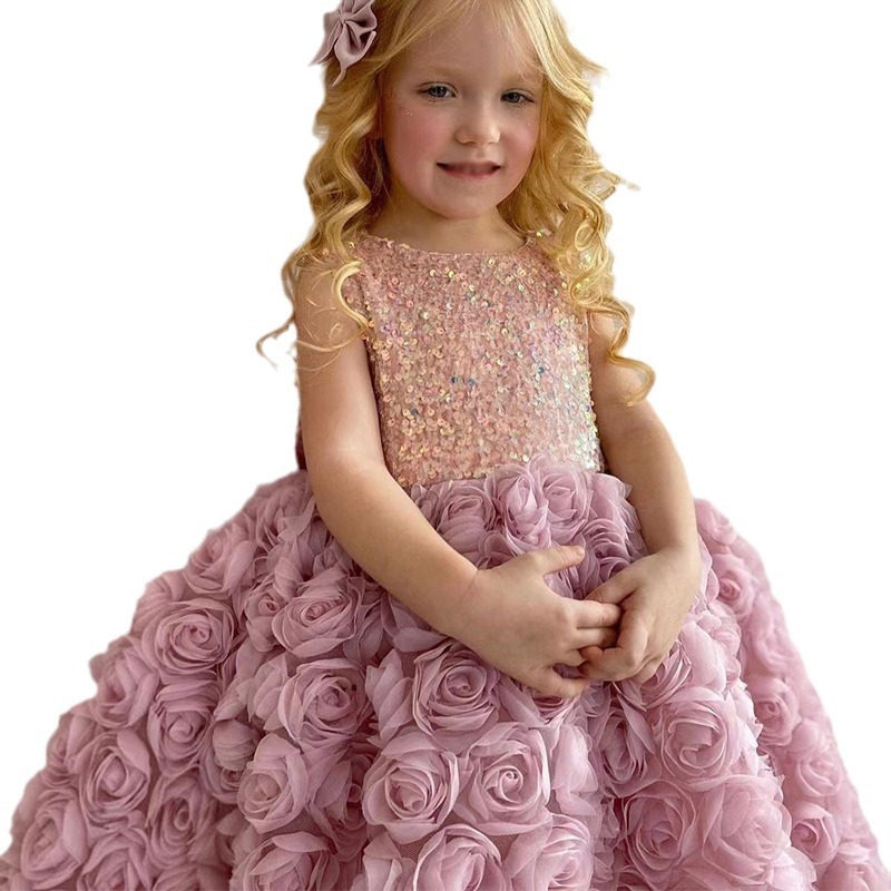 Vestido de un año de edad vestido de princesa elegante ropa para niños vestido de hadas de flores de Rosa 2024 nuevo vestido de niña de princesa de estilo occidental