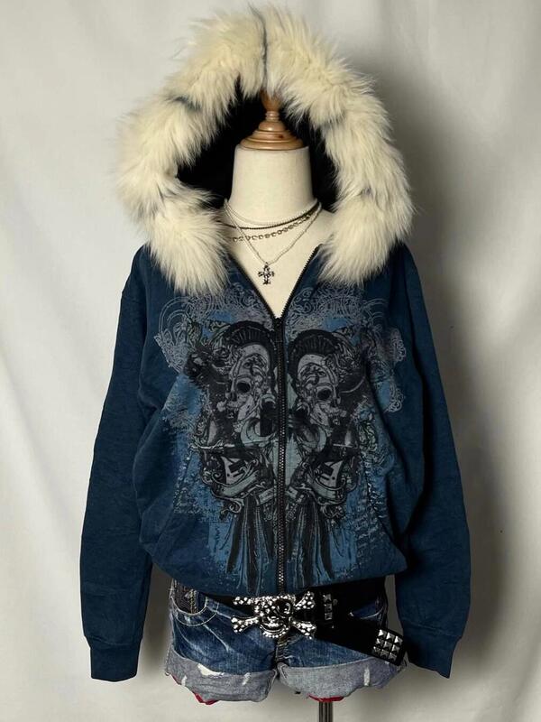 American Retro Vintage Sweet and Cool Autumn and Winter Style Twin Skull Fur Print Cardigan Hooded Jacket Spicy Girl Y2K