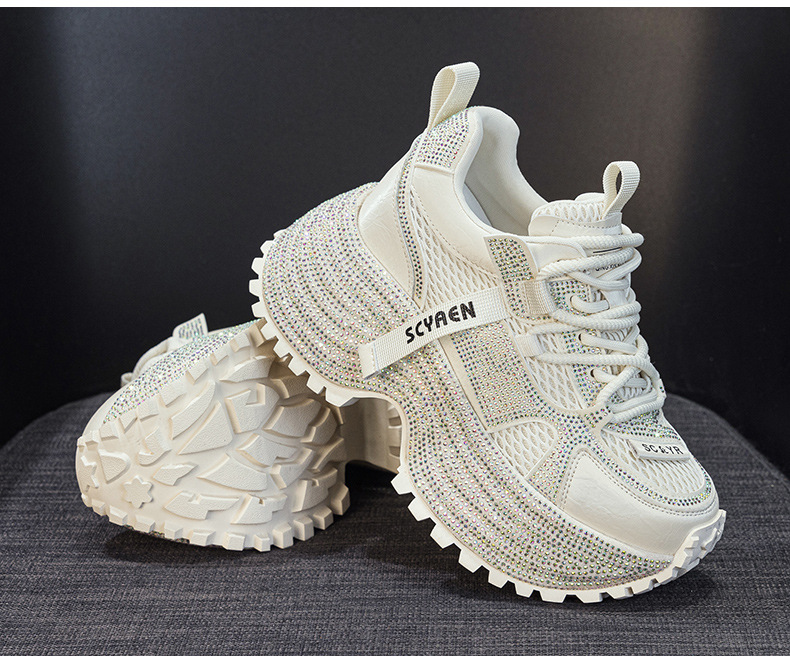 Giày sneaker nữ chunky đế dày phối đá pha lê cao cấp — Xám 5031, Be 5031 chi tiết 21
