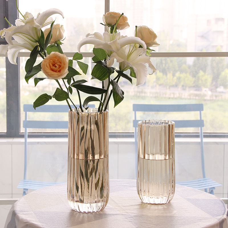 Vase living room transparent glass decoration flower arrangement Nordic vertical bar decoration household glass flower stripes creative Rose
