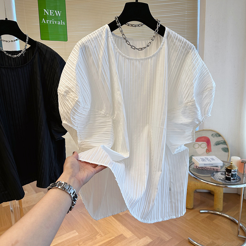 极简设计感小众褶皱肌理感圆领短袖衬衫女泡泡袖大版娃娃衫上衣夏