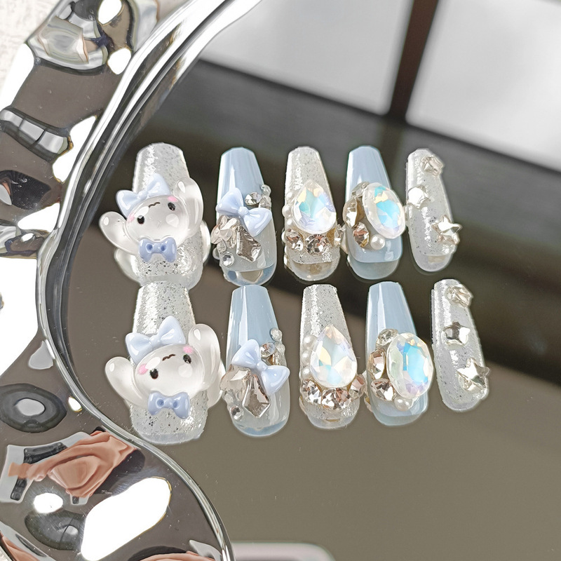 24 Pieces of Blue Gemstone Cinnamon Dog Nail Art Tips, High Aesthetic Value, Flattering to the Complexion, Removable Wearable Nail Stickers Wholesale