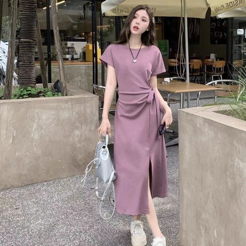 Women's Summer Design Felt Belt Short Sleeve Dress Commute Youth Simple High Slit Long Dress 200 Pounds