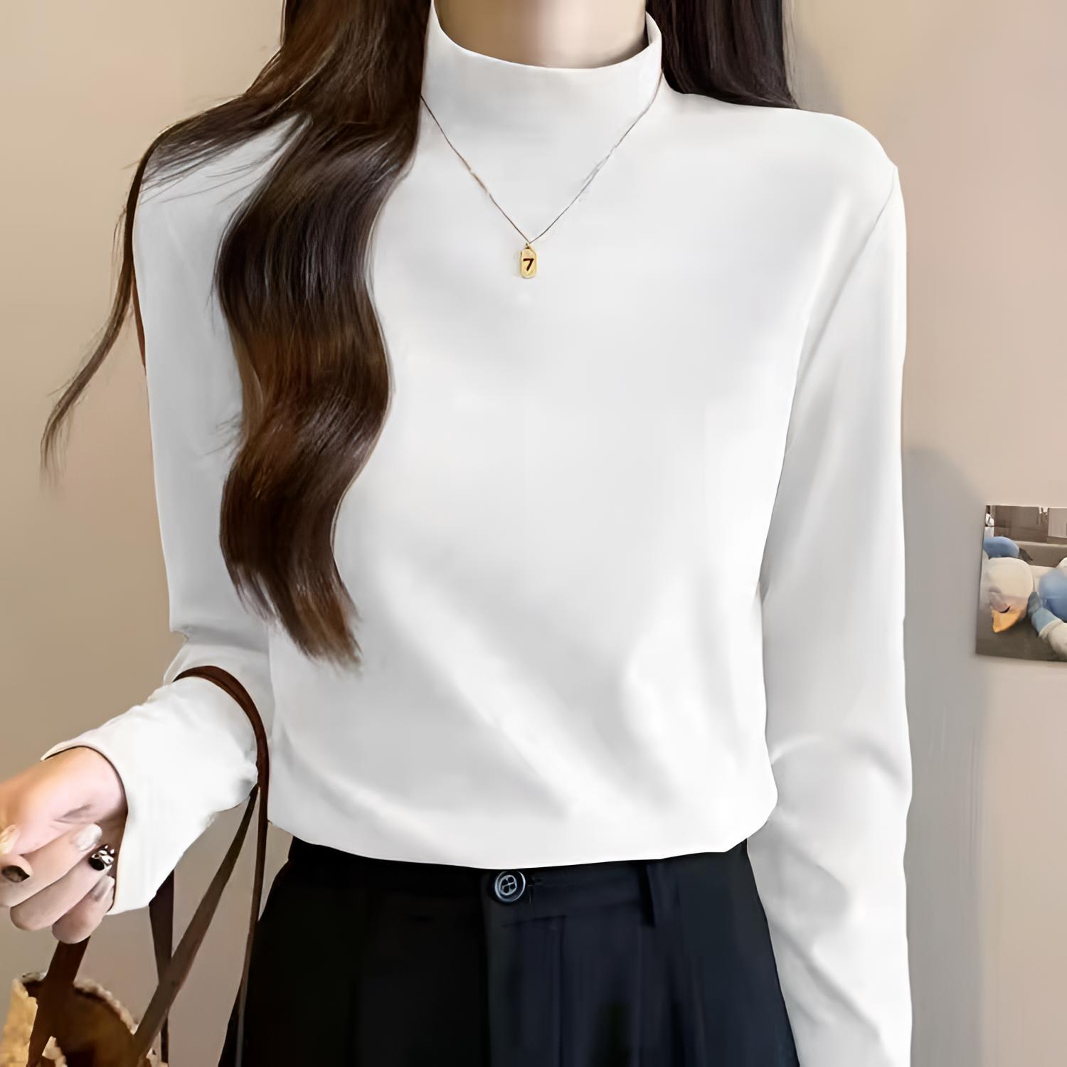 가을과 겨울 2024 새로운 실 벨벳 따뜻한 단색 긴 소매 티셔츠 여성용 하프 하이 칼라베이스 셔츠 최고 여성 패션