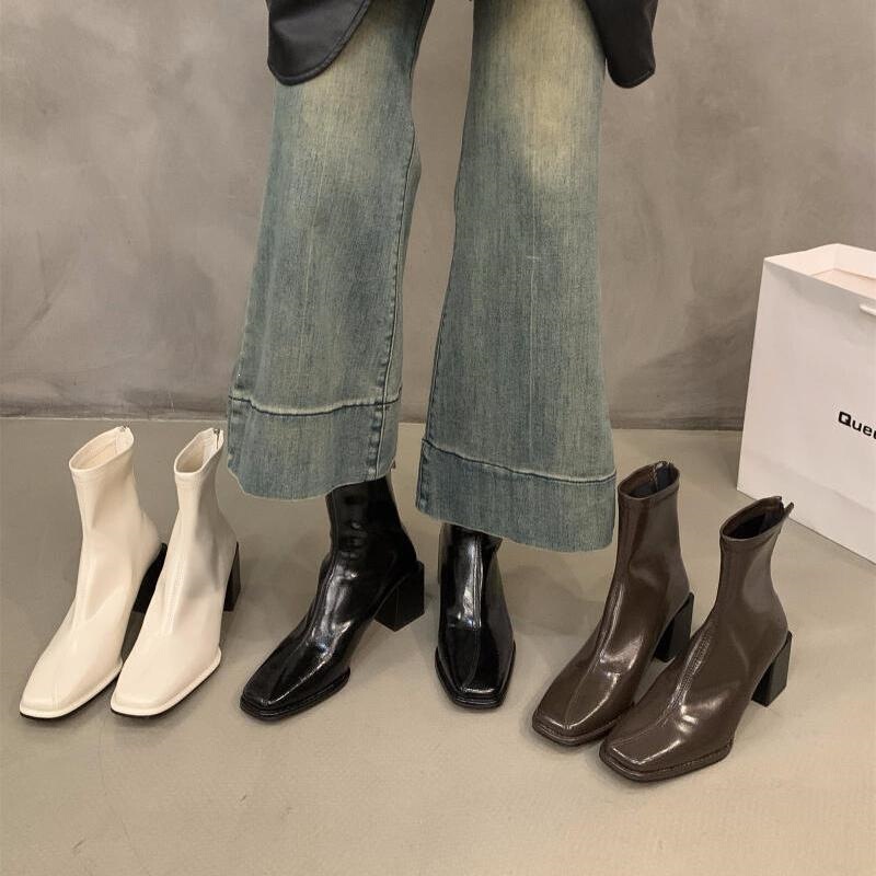 Brown Short Boots 2026 Autumn and Winter Thick Heel High Heel Square Toe Elastic Slim Boots Niche Stylish Martin Boots
