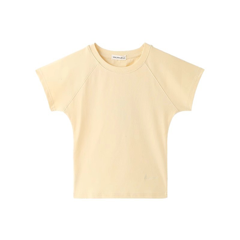 ホワイトグースイエローショルダー半袖Tシャツレディース2025年夏新デザイン香港風スリムフィットショートトップ|undefined