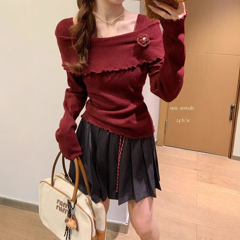 Cross-border Ancora Christmas Red off-shoulder Sweater Long-sleeved Women's Autumn and Winter Slim-fit Inner Base Shirt Top Trendy
