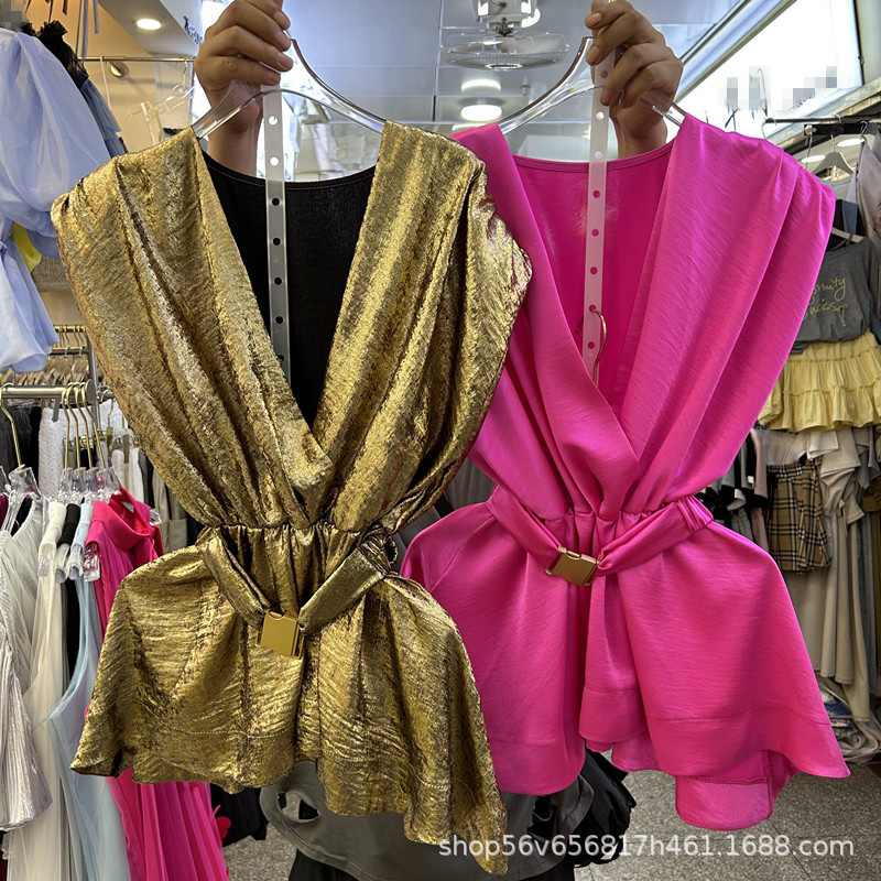 Design Sense Niche Tight Waist V-neck Shirt Women's European Station 2025 Summer New Style All-match Casual Solid Color Top