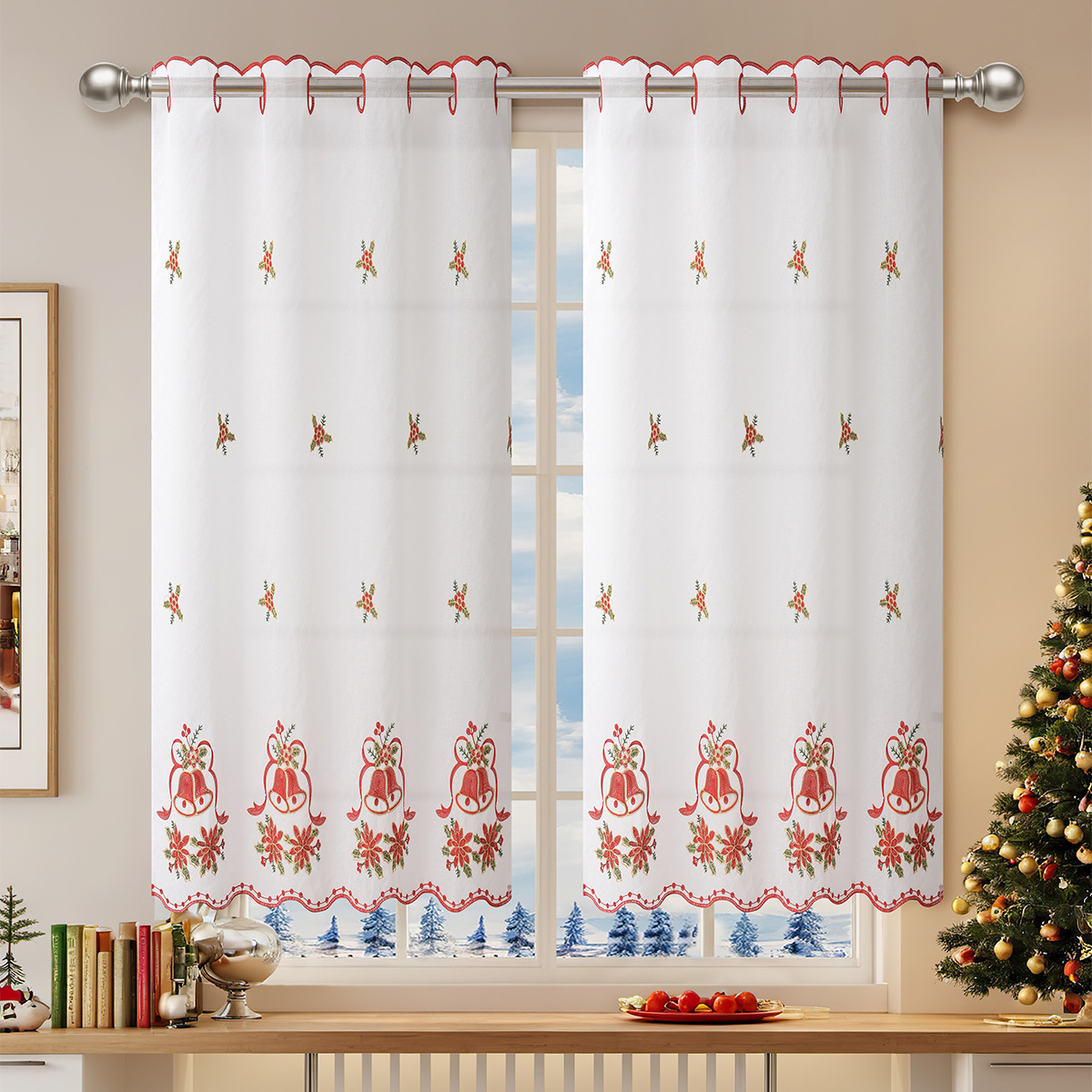 Nuevo hilo bordado de Navidad transfronterizo, cortina corta perforada, pantalla de ventana opaca, cortina terminada de Navidad de Amazon europea y americana