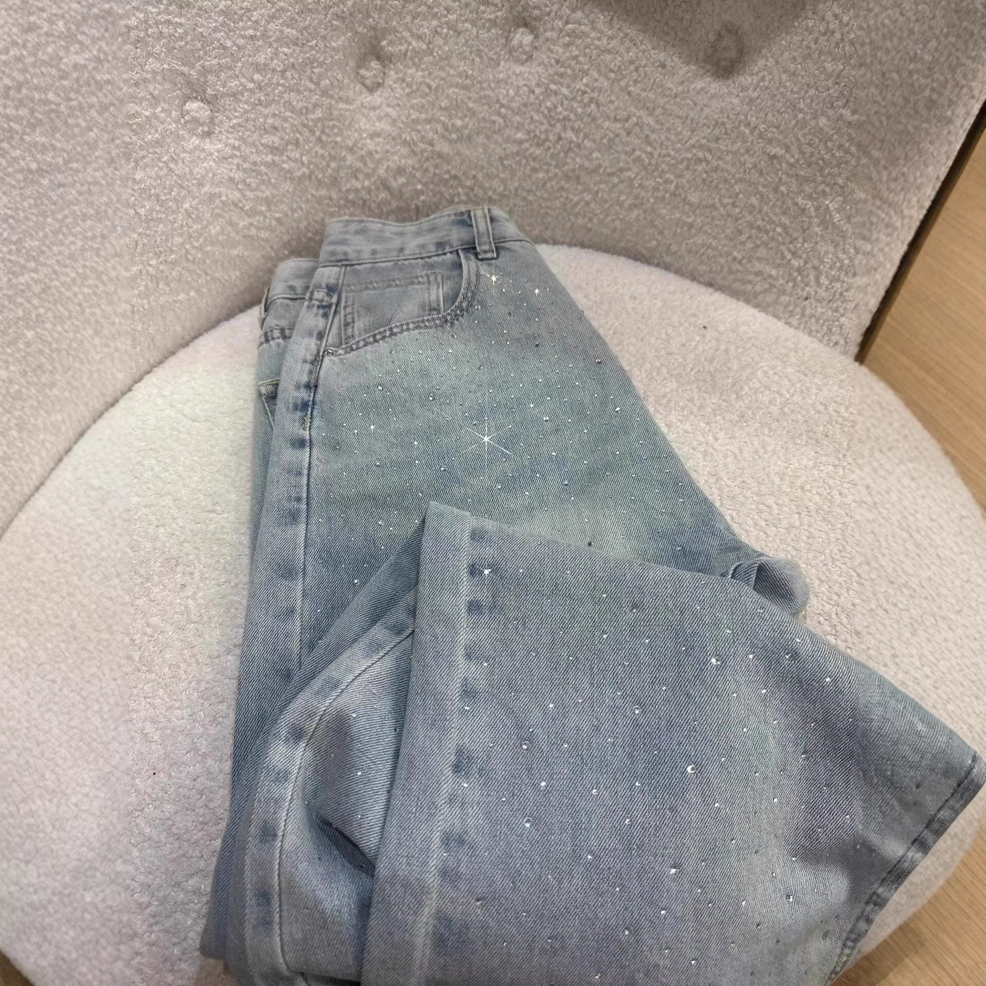 Women's Rhinestone Jeans Straight Leg Winter Loose Fit Flared Pants With Star Embellishments Versatile Wear_voghion.com