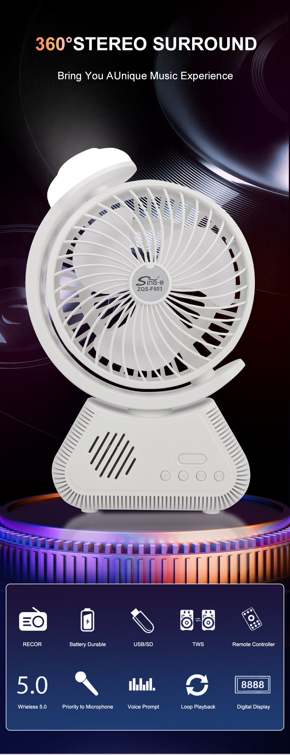 ZQS-F803 New USB Charging Desktop Fan Bluetooth Audio Outdoor Camping Night Light_voghion.com