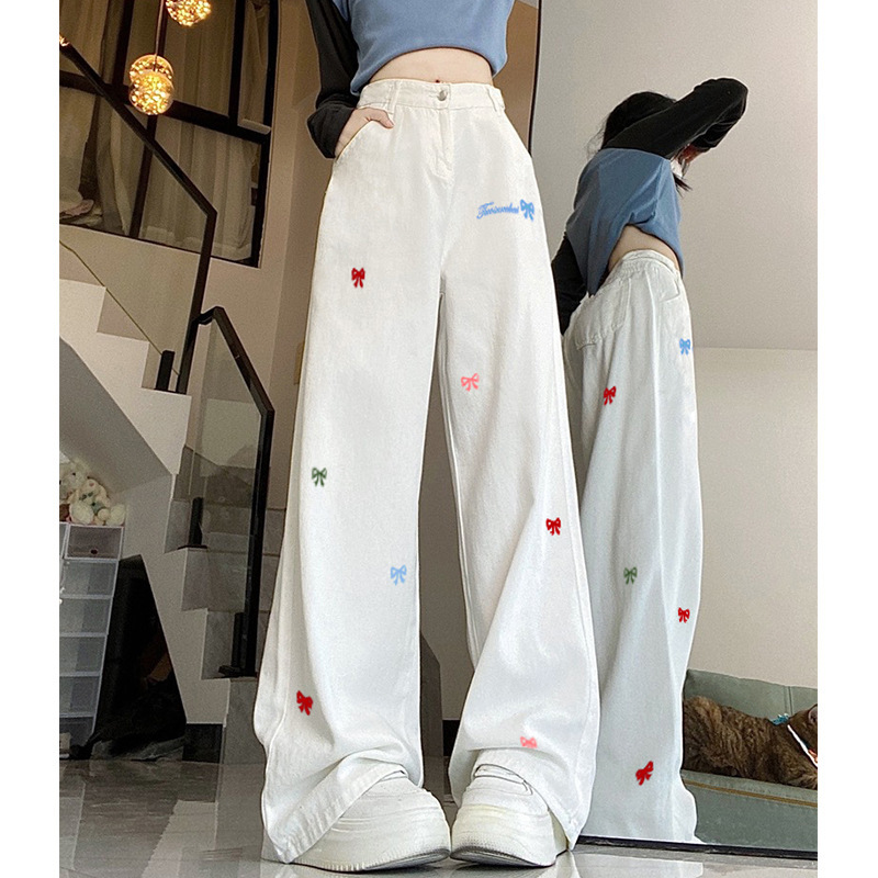 美式高街牛仔裤女蓝色刺绣休闲百搭高腰显瘦宽松直筒阔腿拖地裤子|undefined