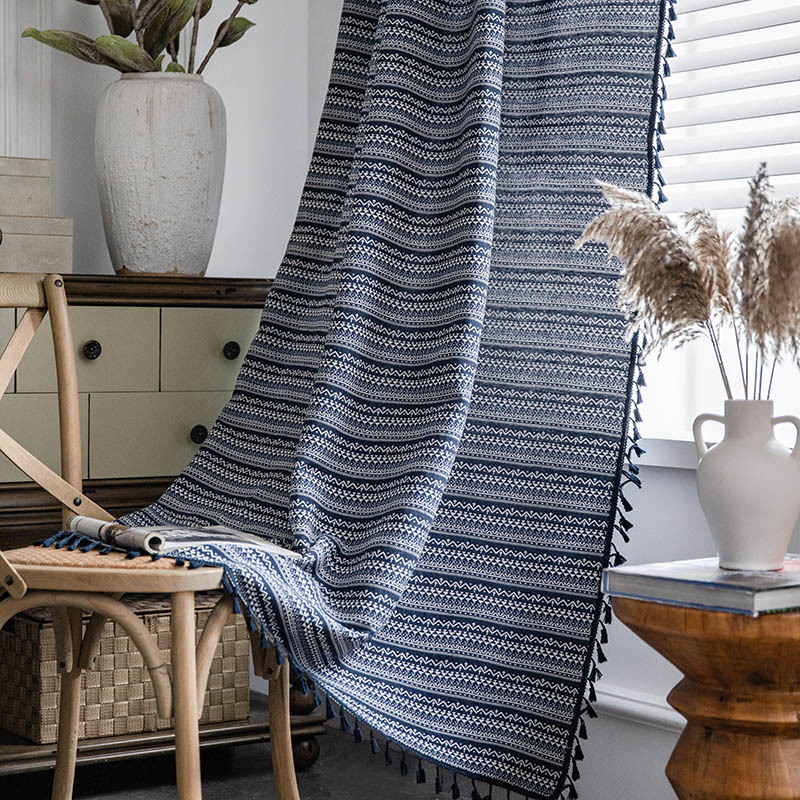 Bohemian Yarn-dyed Jacquard Blue Geometric Tassel Semi-shading Curtain Wholesale display picture 12