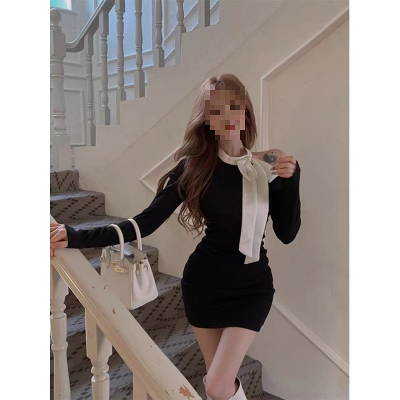 [편안한 지퍼] 블랙 오프 숄더 슬리밍 원피스 여성의 새로운 허리 랩 엉덩이 스커트 기질 짧은