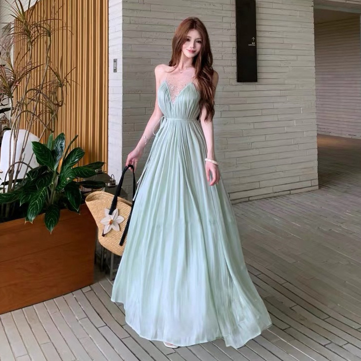 Sleeveless Green Rhinestone Mesh Patchwork Vest-Style Dress for Women, Summer Vibe Loose Long Dress with Pleats, Beach Dress Sleeveless Green Rhinestone Mesh Patchwork Vest-Style Dress for Women, Summer Vibe Loose Long Dress with Pleats, Beach Dress