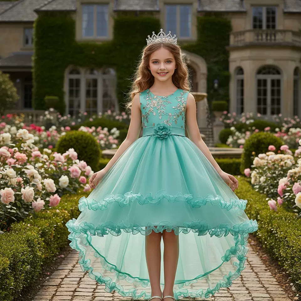 童装新款儿童走秀拖尾礼服中大童花朵公主裙亮片绣花童裙一件代发