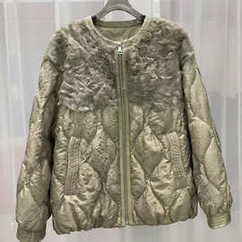 秋冬新款重工刺绣订珠小湖羊皮毛一体鹅绒服女外套圆领气质女短款