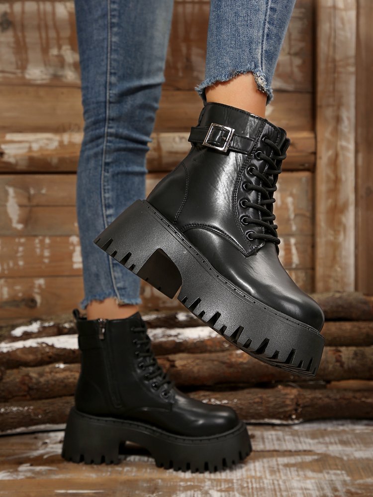Big yards thick bottom casual short boots female new increased height England biker short boots boots_voghion.com