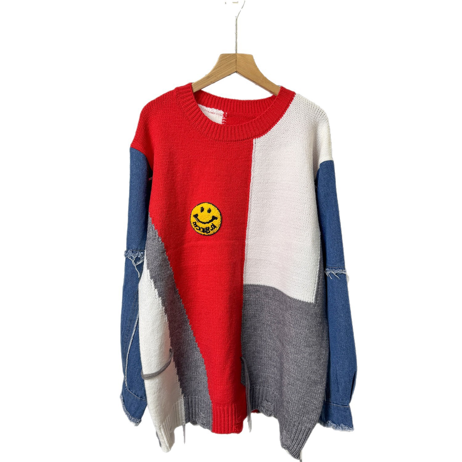 European and American Style Cross-Border Autumn and Winter Denim Sleeves Splicing Contrasting Smiley Face Loose Pullover Sweater Round Neck Knitted Bottoming Shirt for Women