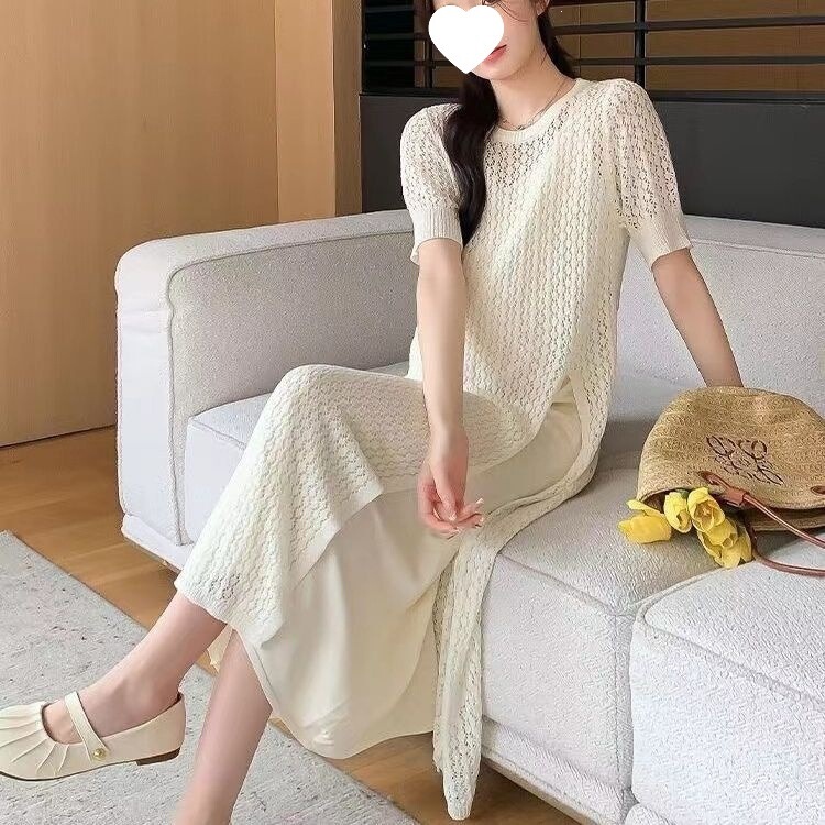 Summer Short-Sleeved Hollow-Out Dress for Women, Stylish Design with Slits, Mid-Length Over-The-Knee Skirt, Thin Cover-Up Knitwear