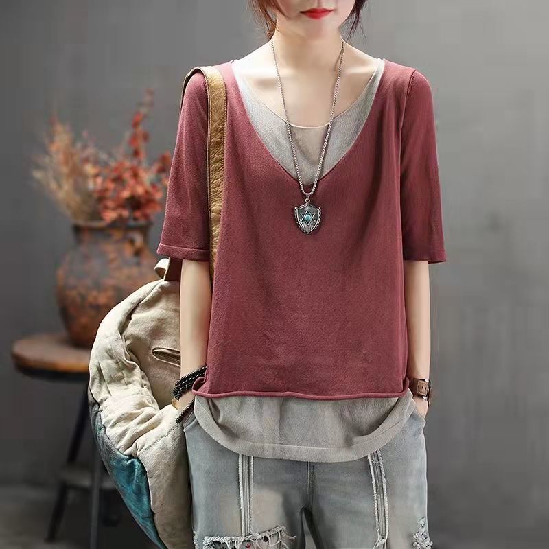 Vintage Knitted Shirt Fake Two-piece Women's Color Matching V-neck Summer Short-sleeved Loose Casual All-match T-shirt Cotton and Linen Thin Top for Women