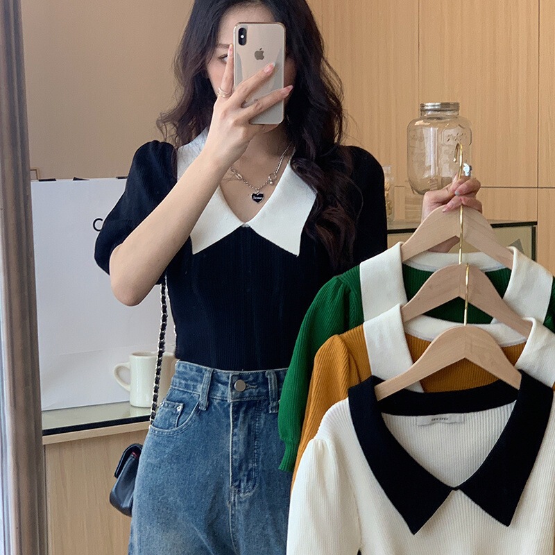 2025 Summer T-Shirt for Women with a Unique Design, French Retro Style, Knitted Short Top 2025 Summer T-Shirt for Women with a Unique Design, French Retro Style, Knitted Short Top