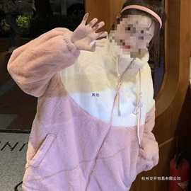 仿兔毛冬款毛毛外套加棉加厚2023新款拼色抽绳立领宽松长袖刺绣款