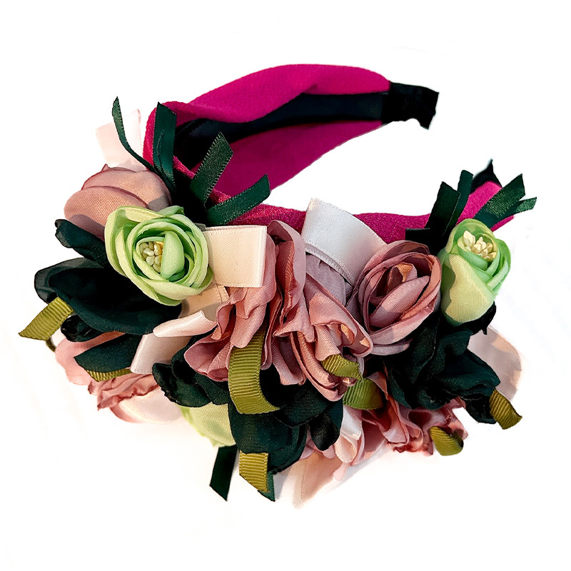 Accessorio per capelli in tessuto fatto a mano in stile moda euro-americano, fascia per capelli da donna unica ed esagerata con fiori larghi._voghion.com