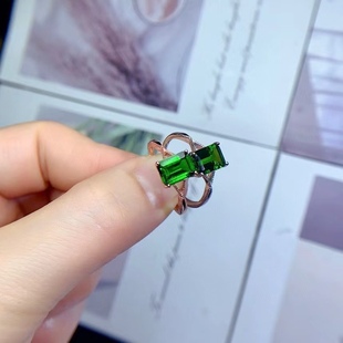 925 silver inlaid natural diopside ring rectangular green color treasure simple fashion main stone 6*8 square