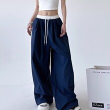 2026春美式复古拼接撞色休闲裤女松弛感高腰宽松垂感拖地阔腿裤子