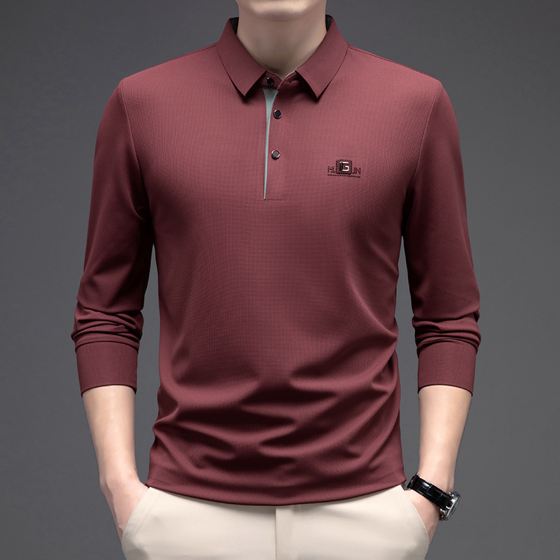 Men's Polo Shirt Long Sleeve Lapel Men's T-shirt Autumn and Winter New Simple Light Business Solid Color Polo Shirt Men's T-shirt