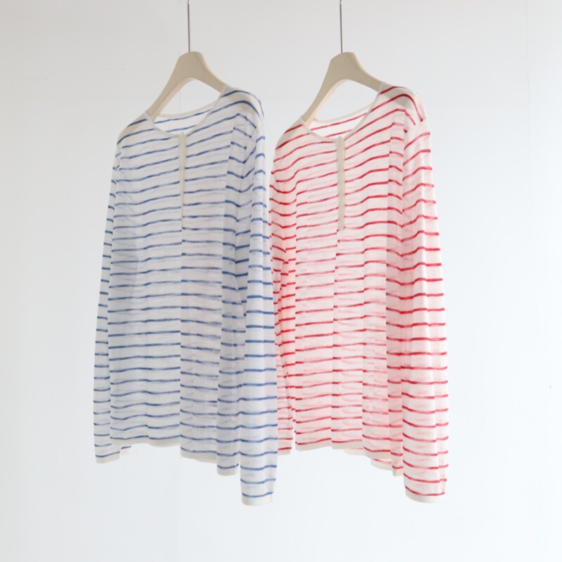 Korean-Style Fine Striped Color-Block Button Half-Open Collar Long-Sleeve Knit Cardigan for Women, New Summer Sun-Protective Air-Conditioning Top