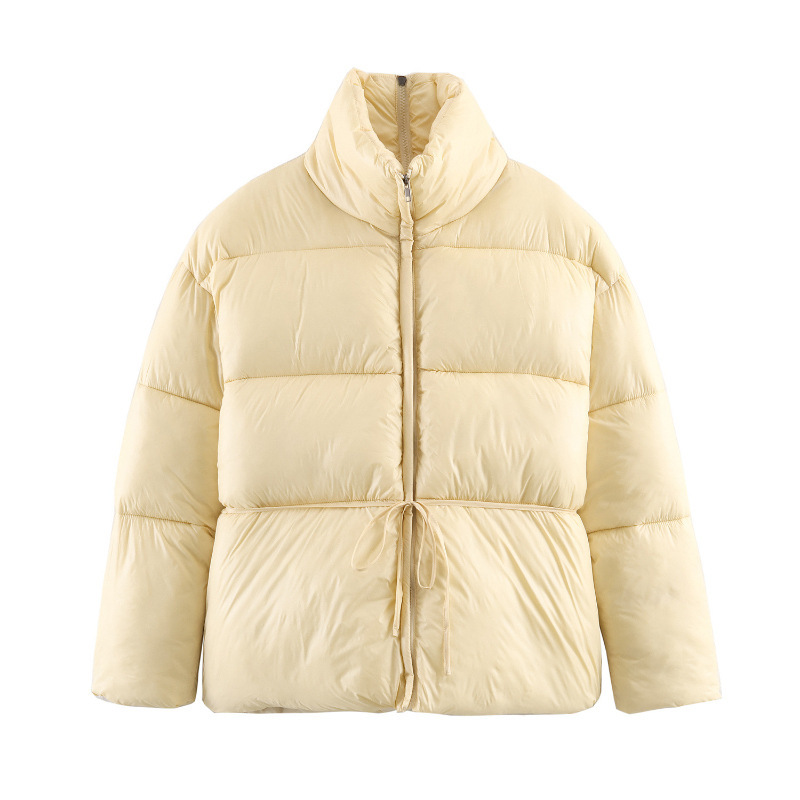 Women's Clothing European and American Style 2026 New Fashion Elegant Warm Solid Color Stand Collar Waist Drawstring Cotton Jacket for Women
